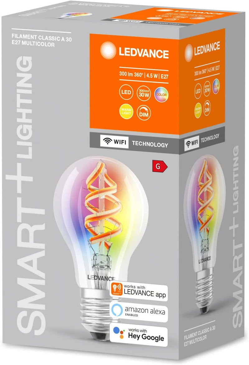 LEDVANCE Smarte LED-Lampe mit Wifi Technologie, E27, RGB, Birnenform, Farbiges Filament als Stimmung