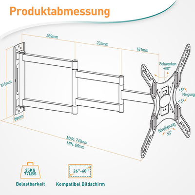 ELIVED Lang Arm TV Wandhalterung für die meisten 26-60 Zoll Fernseher, Eck TV Halterung Ausziehbar 7