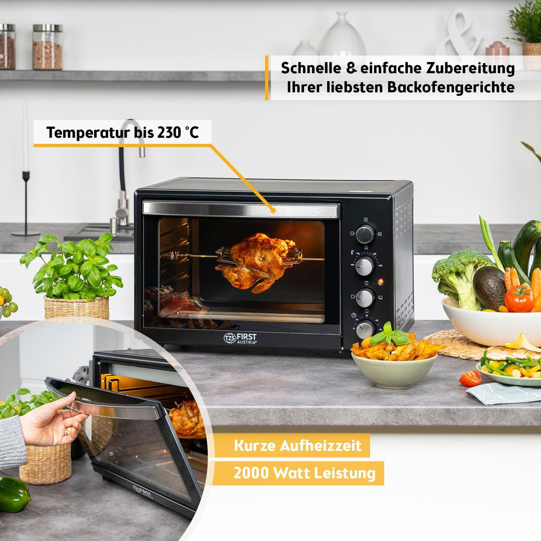 TZS First Austria Minibackofen, 2000 Watt, 45L, mit Innenbeleuchtung, Umluft-Funktion, Drehspiess fü
