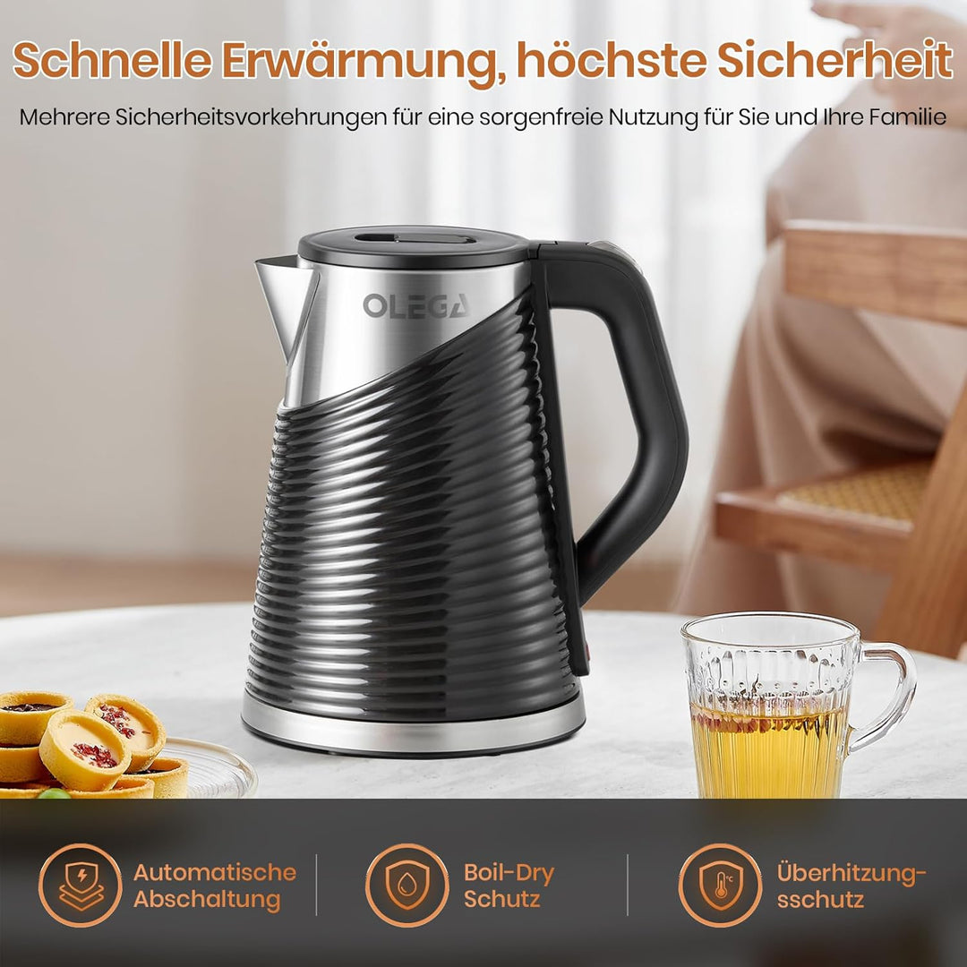 OLEGA Wasserkocher für kochendes Wasser, 1800 W, schnell kochender Heisswasserkessel, 1,8 l tragbare