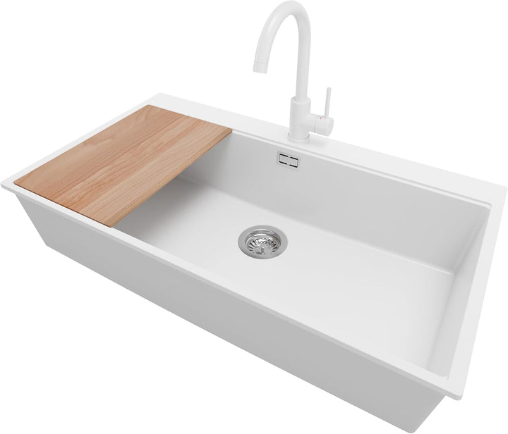 Spülbecken Weiss 90x50 cm, Granitspüle + Ablauf-Set + Küchenarmatur 5000, Küchenspüle für 90er Unter