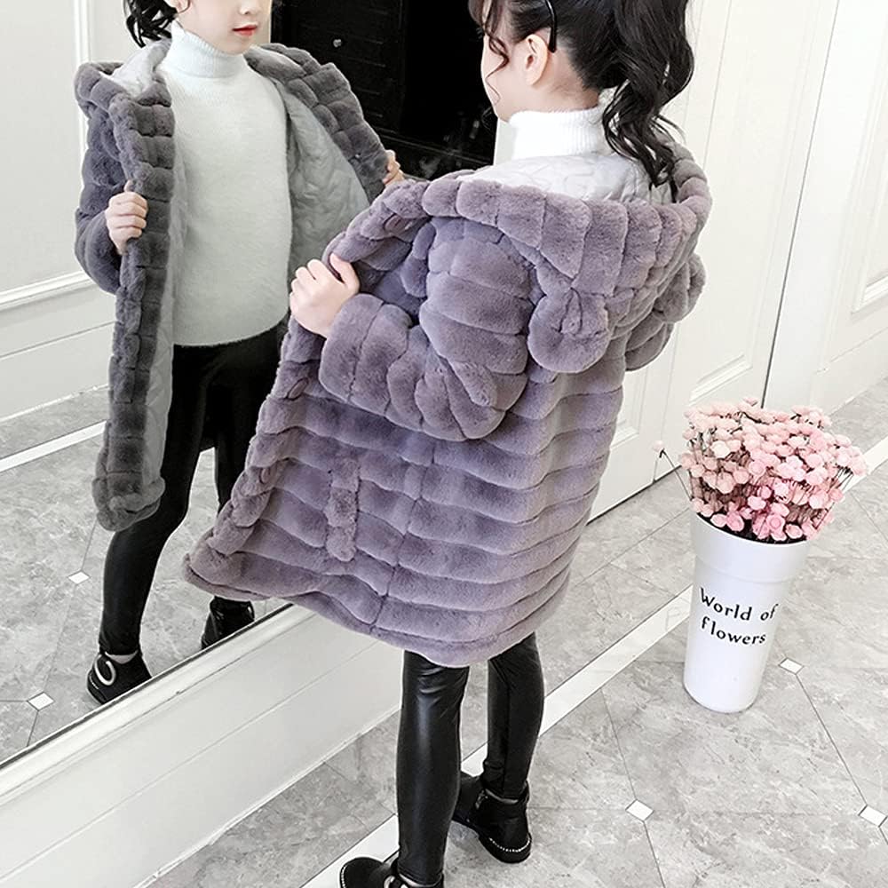 Aeslech Mädchen Mantel Kunstfell mit Kapuze Kinder Mädchen Mantel Warm Winter 5-6 Jahre Grau, 5-6 Ja