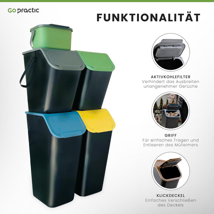 Go Practic 5-er Mülleimer-Set Küche Mülltrennsystem 2x Mülleimer 35l mit Deckel 2x 25l Mülleimer mit