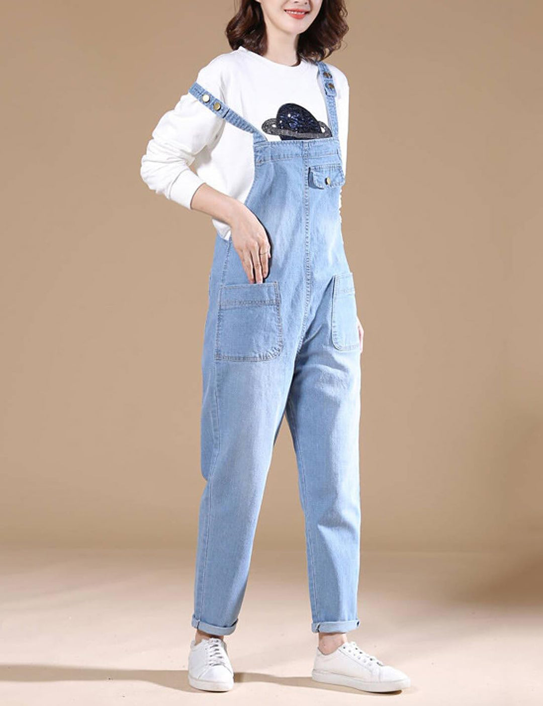 Damen Casual Loose Denim Latzhose Bib Verstellbare Jean Overalls Romper Jumpsuit Harem Hosen, Hellbl