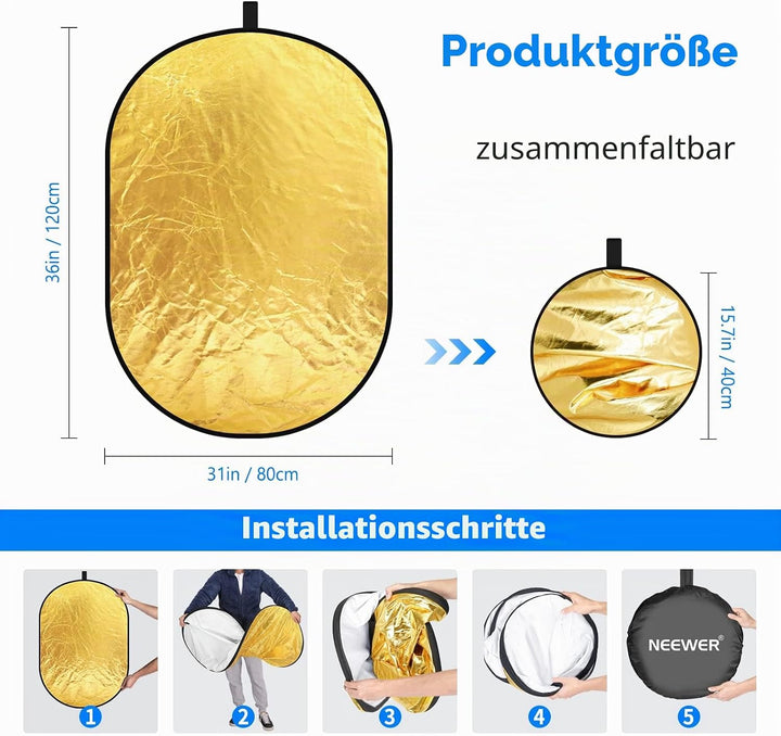 NEEWER 5 in 1 Reflektor 31"x47"/80x120cm Lichtreflektor für Fotografie, Tragbarer Faltbarer Multi Di
