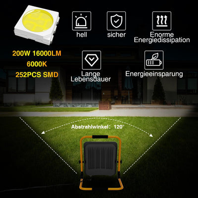 Lospitch LED Baustrahler 200Watt, Arbeitsscheinwerfer 6000k Kaltweiss, 18000LM Baulampe Bauscheinwer