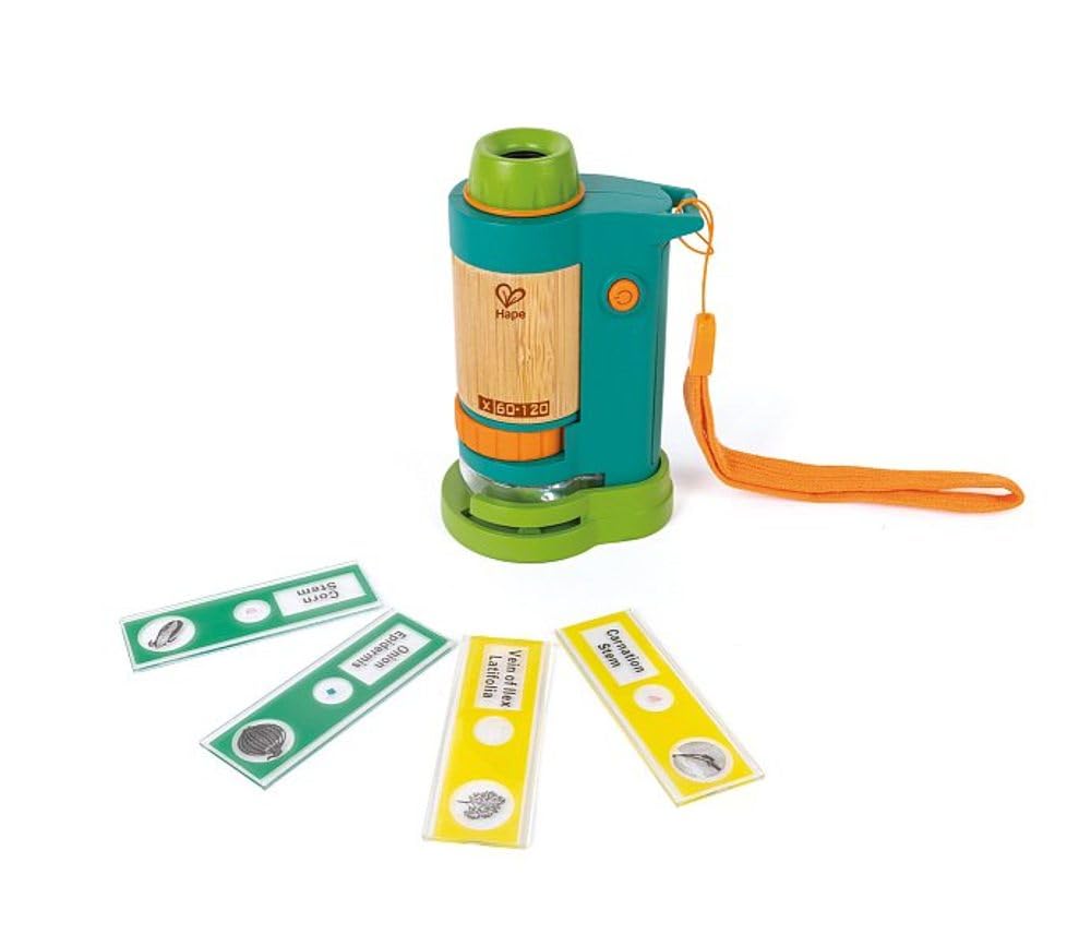 Hape Nature Fun Tragbares Mikroskop zum Entdecken aus Bambus und pflanzlichem Kunststoff, mit Licht