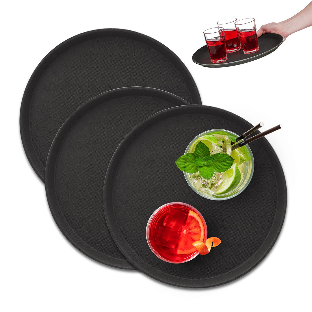 Relaxdays Serviertablett 3er Set, rund Ø 35 cm, Bartablett, rutschfeste Oberfläche, Kellnertablett G