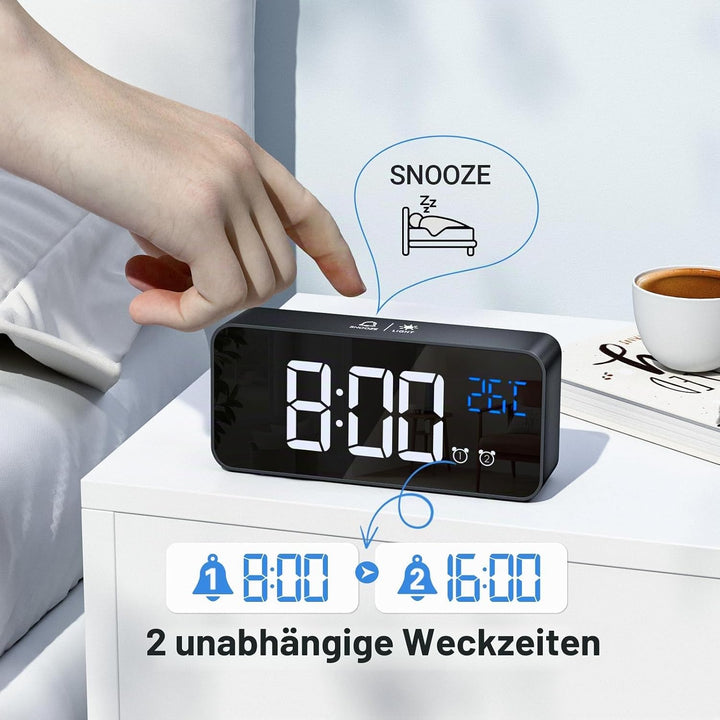 Wecker Digital, LED Digitaluhr mit Temperaturanzeige Tragbarer Spiegelalarm Tischuhr mit 2 Alarmen 1