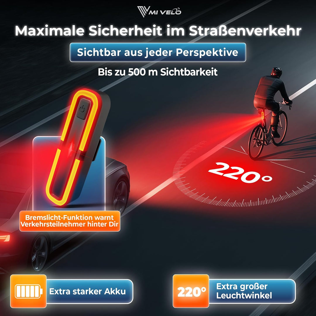 MIVELO Fahrradlicht Set mit Bremsanzeige - Fahrradlampe LED StVZO, IPX5 wasserdicht - Fahrradbeleuch
