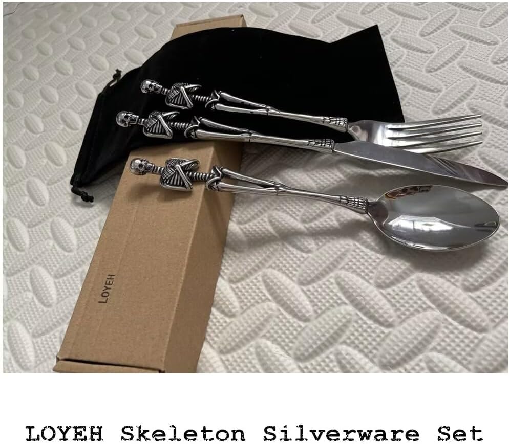 Skelett-Besteck-Set, Persönlichkeitsschädel aus Edelstahl, einzigartiges Design, Löffel, Gabel für H