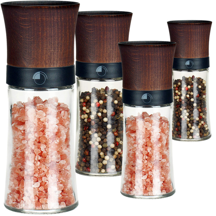 freiwerk Pfeffermühle Salzmühle 4er Set Keramikmahlwerk Chilimühle - ohne Gewürzinhalt - 150ml Buche