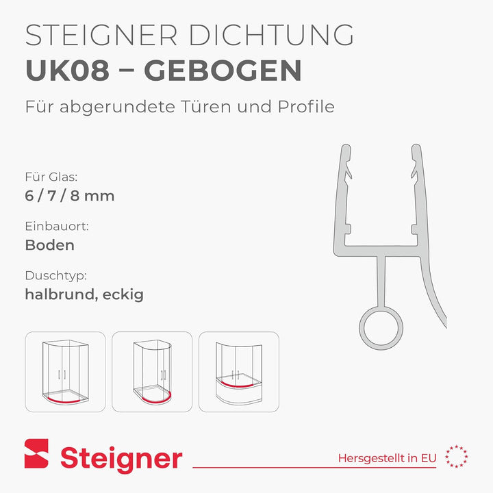 STEIGNER Duschtürdichtung gebogen UK08 140 cm (1 Stk.) Transparent - Duschdichtung für Runddusche od