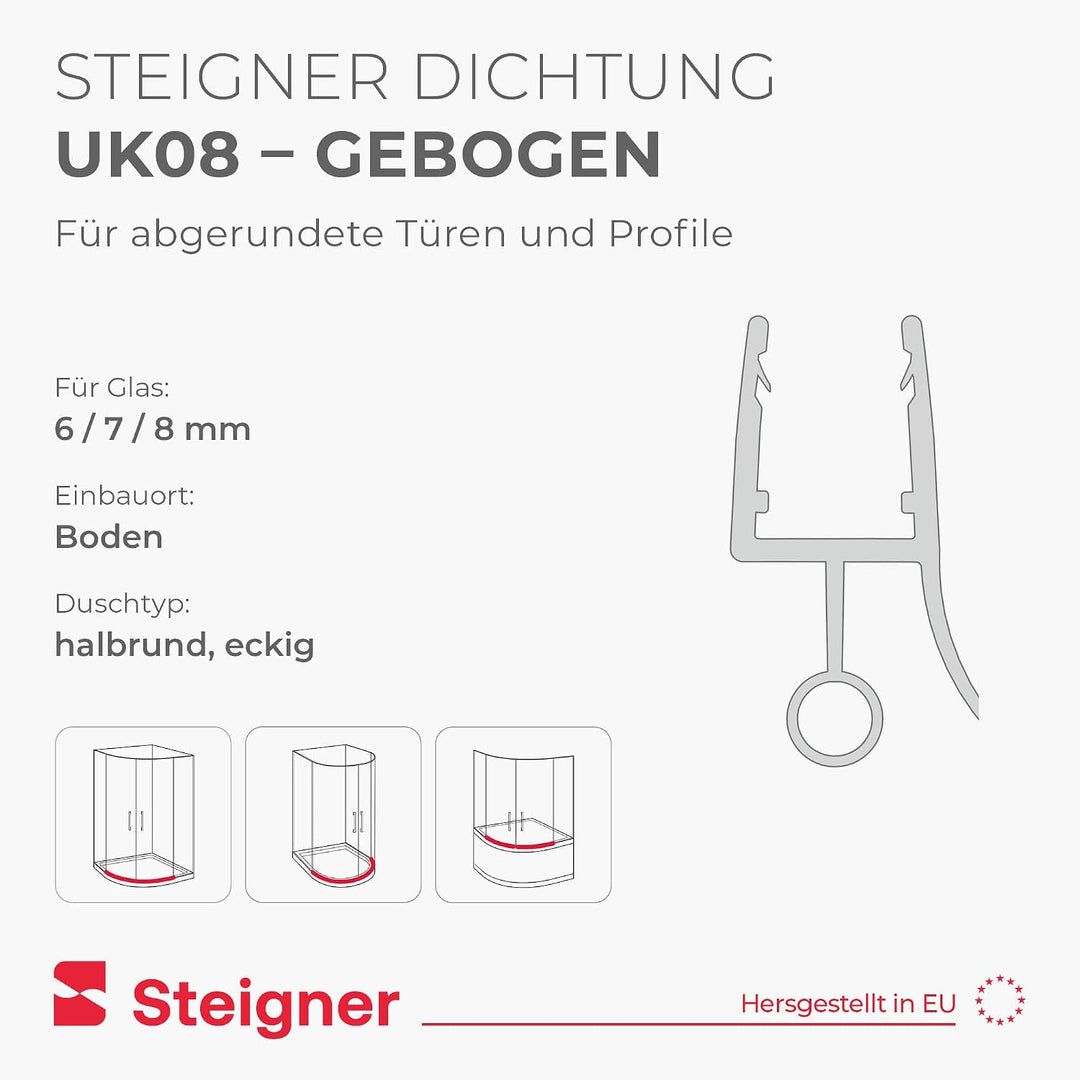 STEIGNER Duschdichtung, 120cm, Glasstärke 6/7/ 8 mm, Gebogene PVC Ersatzdichtung für Runddusche, UK0