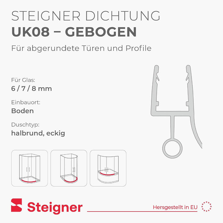 STEIGNER Duschdichtung, 120cm, Glasstärke 6/7/ 8 mm, Gebogene PVC Ersatzdichtung für Runddusche, UK0
