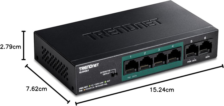 TRENDnet TE-FP051 5-Port Unmanaged Fast Ethernet PoE + -Schalter mit grosser Reichweite, 4 x PoE + -