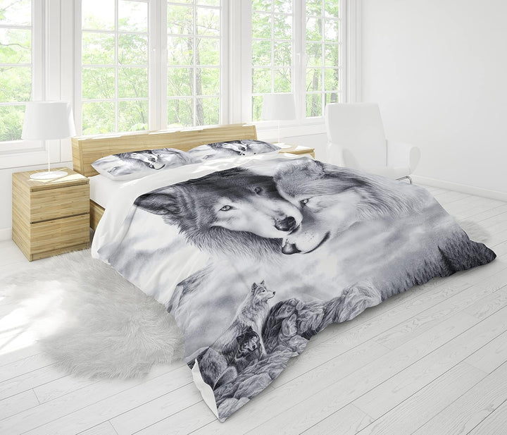 Bettwäsche Set Wolf, 3D WolfTheme Muster Bettbezug,Traumfänger Drucken 3 Teilig,Microfaser Bettwäsch