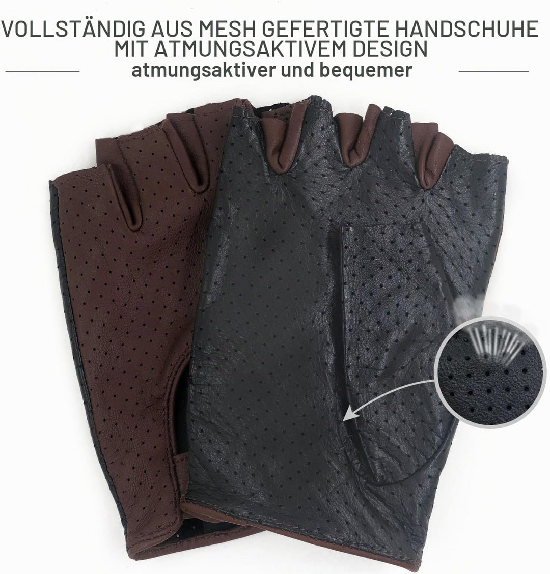 ZLUXURQ Herren-Lederhandschuhe Vollmaschige Fingerlose Halbfinger-Fahrhandschuhe Small-8.5" Schwarz