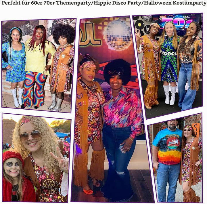 YADODO Hippie Kostüm Damen Kleid Set 70er Jahre Bekleidung Damen 70er Jahre Kostüm Damen FaschingsKo
