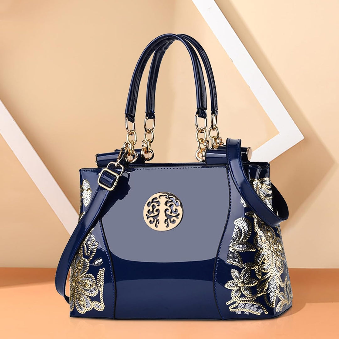 NICOLE & DORIS Damen-Hobo-Tasche aus Lackleder Navy Blau, Navy Blau