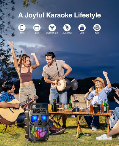 JAMELO Tragbare Karaoke Maschine mit 2 Mikrofone, Bluetooth Lautsprecher mit Lichteffekt, PA Anlage