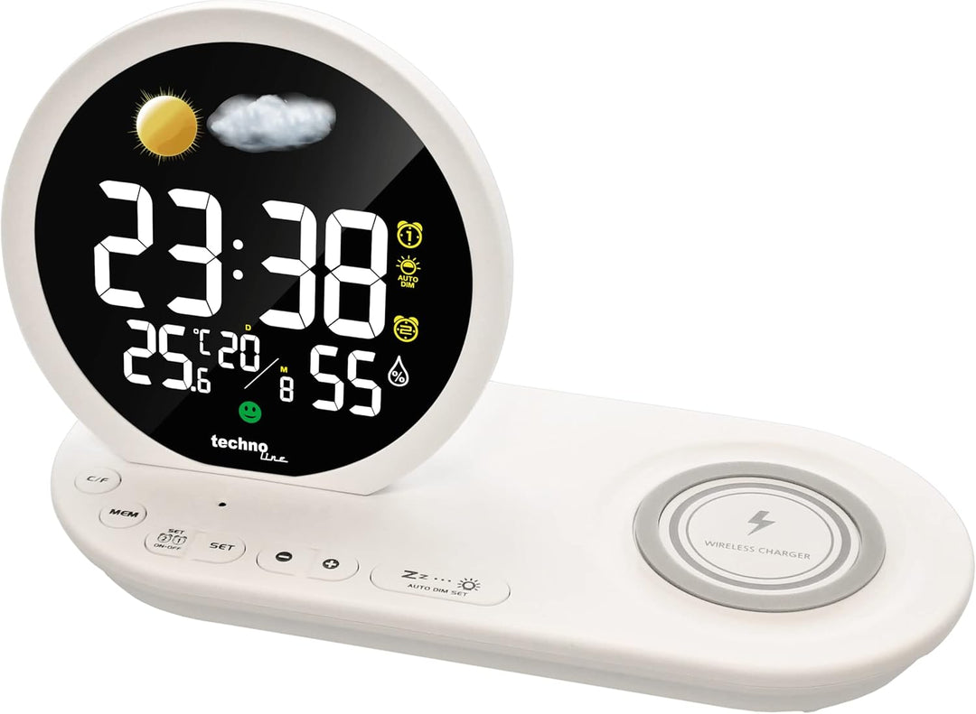 Technoline WT 427 LED-Wecker mit drahtloser Ladefunktion und USB-Ladeanschluss Weiss 210 x 120 x 90