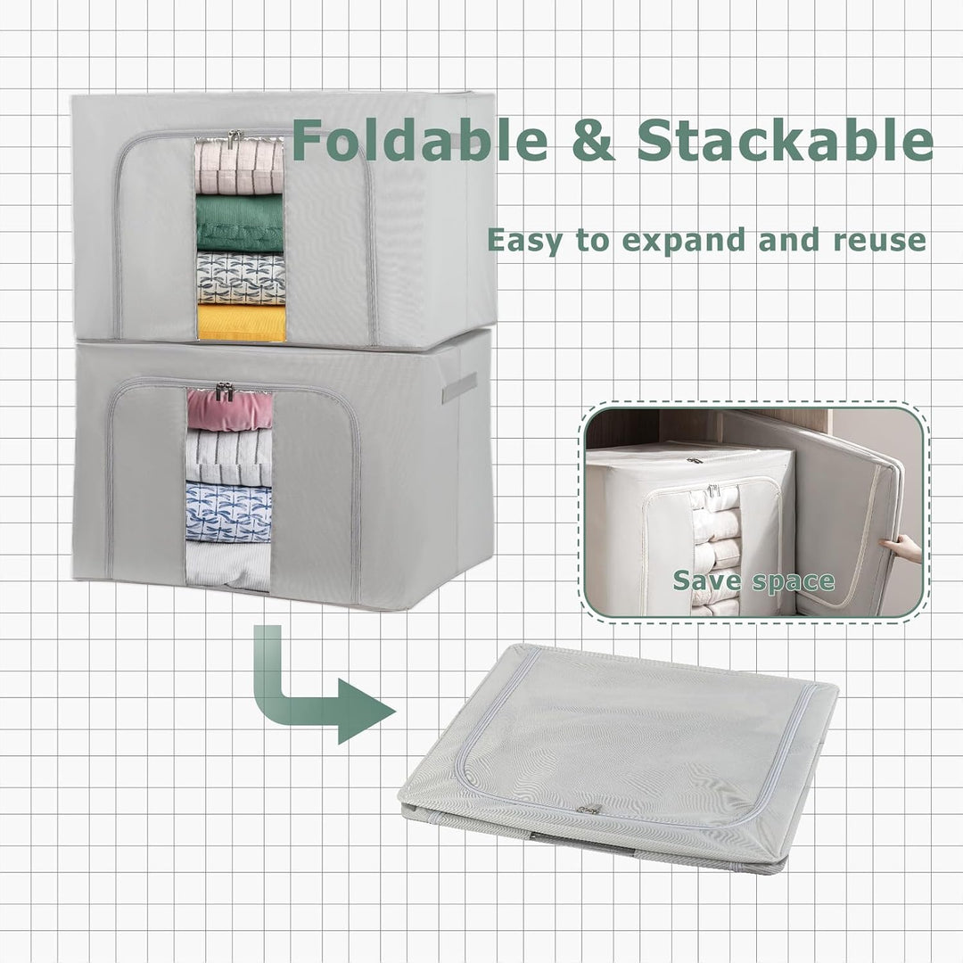 Womanht 2 Stück Aufbewahrungstasche mit Metallrahmen Stapelbare für Bettdecken Kleidung - Faltbare K