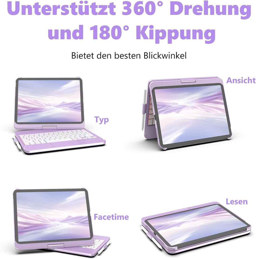 FUWANG Für iPad A16 11 (A16)/10 Gen Hülle mit Tastatur, Trackpad 360° DE Hellviolett Deutsch, DE Hel