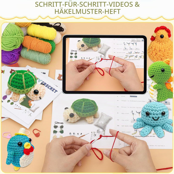 UXORSN Tiere Häkelset für Anfänger 6 Stück Tierfreunde Häkel Set für Erwachsene Häckeln Stricken DIY