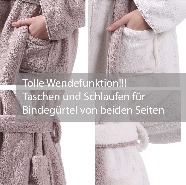 HOMELEVEL Sherpa Wende Bademantel Lammfell Optik für Damen und Herren mit Kapuze Morgenmantel Hausma