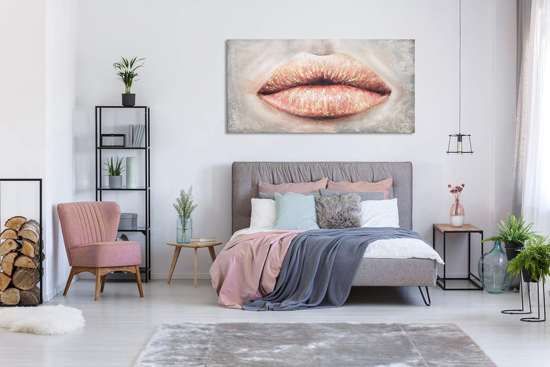 YS-Art Abstrakt Acryl Gemälde auf Leinwand Kussmund handgemalt Wandbilder Wohnzimmer modern Wohndeko