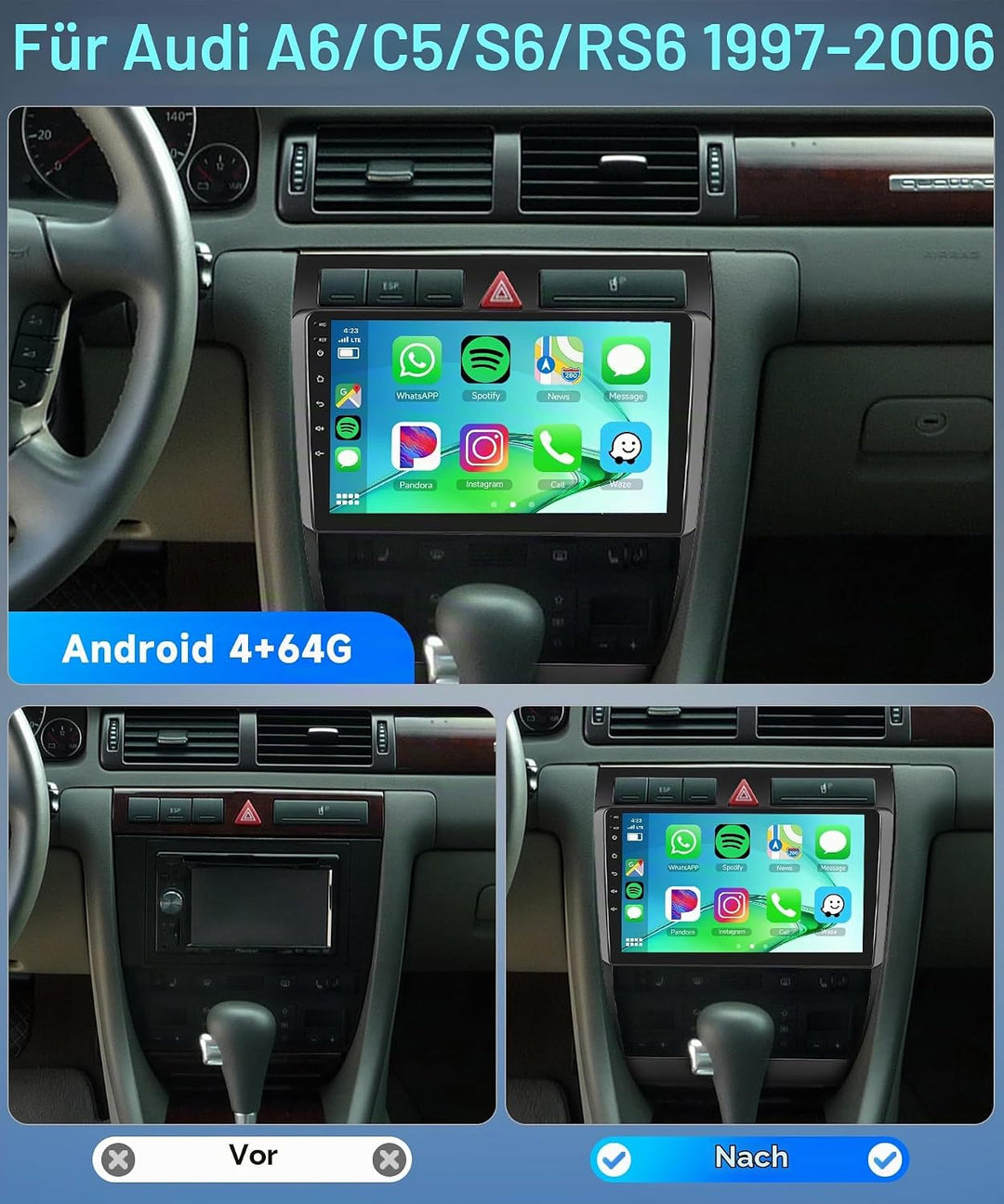 Rimoody 4+64G Android Autoradio für Audi A6/C5/S6/RS6 1997-2006 9 Zoll Touchscreen Kabelloses Carpla
