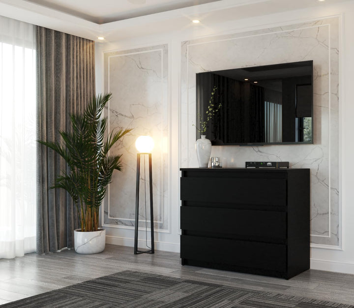 Kommode mit 3 Schubladen – Schmale Schlafzimmer Kommode, Modernes Sideboard Holz - Schwarz Matt – 80