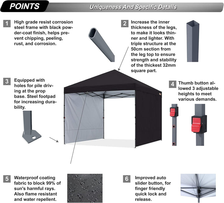 ABCCANOPY Faltpavillon UV50+ mit 2 Seitenwänden, Schwarz 300 cm | 500D Polyester,wasserdicht, 4 Sand