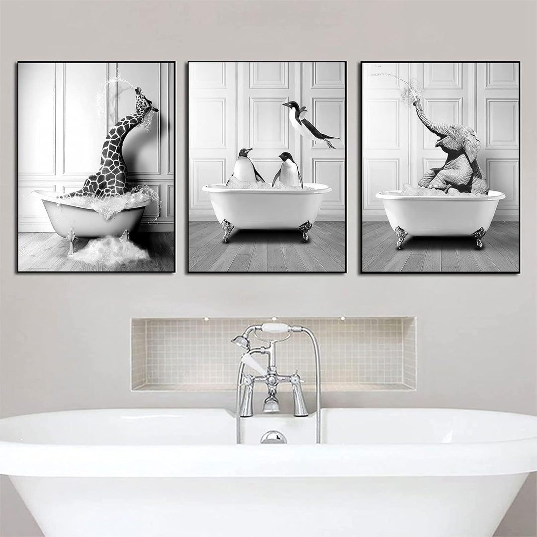 WADBTP Badezimmer Bilder,Schwarz Weiss Bilde,Lustige Tier in der Badewanne Leinwand Bilder für Wohnz