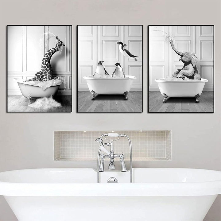 WADBTP Badezimmer Bilder,Schwarz Weiss Bilde,Lustige Tier in der Badewanne Leinwand Bilder für Wohnz