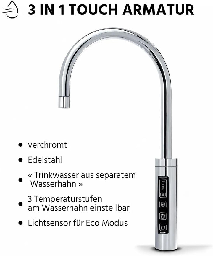 HappyFilter FizzRed Wassersprudler Wasserkocher | gekühlt | gesprudelt | kochend| 3in1 Touch Chrom W
