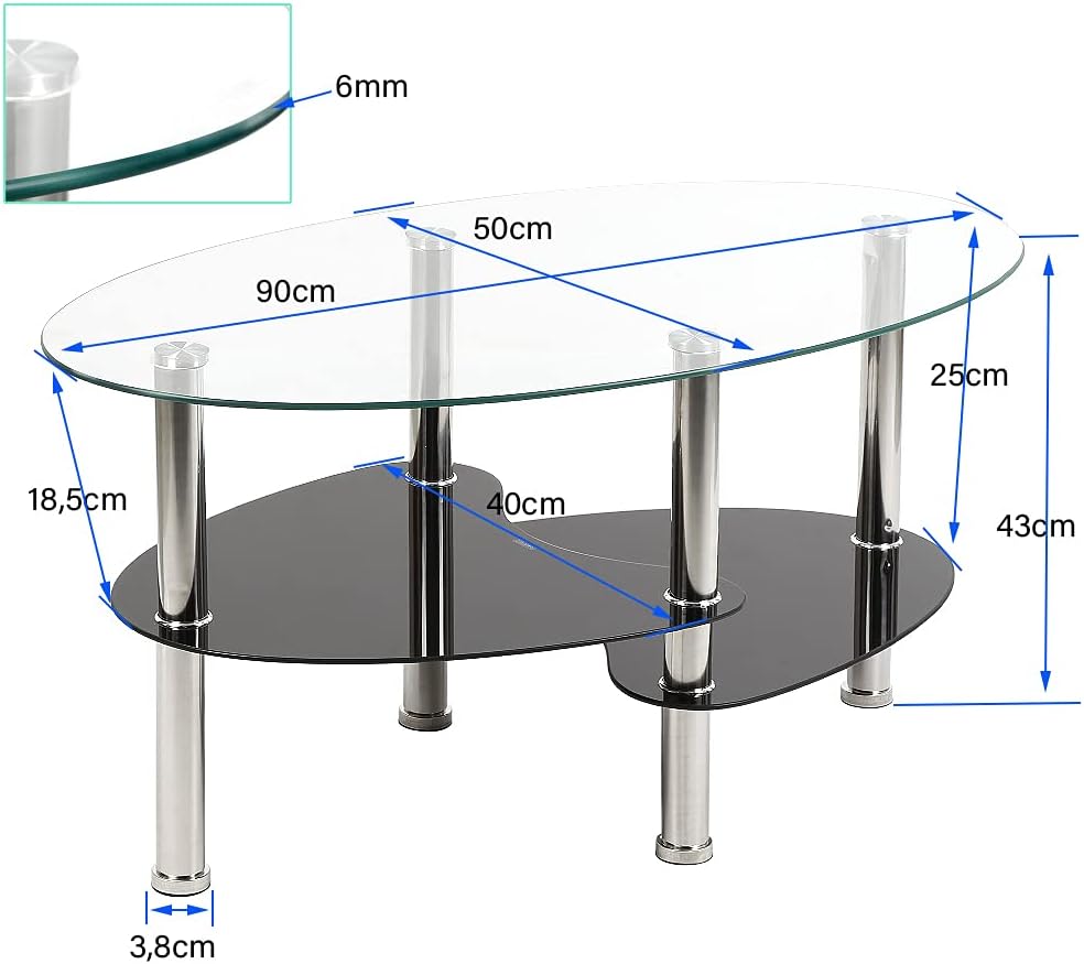 MINGYI Couchtisch aus gehärtetem Glas mit 3 Etagen, 90 × 50 × 43 cm, oval, Tisch, Café, für Wohnzimm