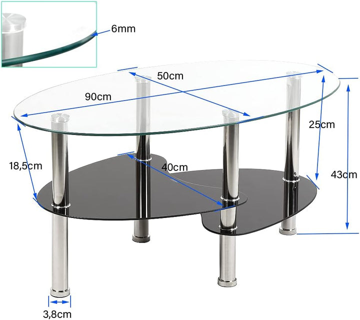 MINGYI Couchtisch aus gehärtetem Glas mit 3 Etagen, 90 × 50 × 43 cm, oval, Tisch, Café, für Wohnzimm