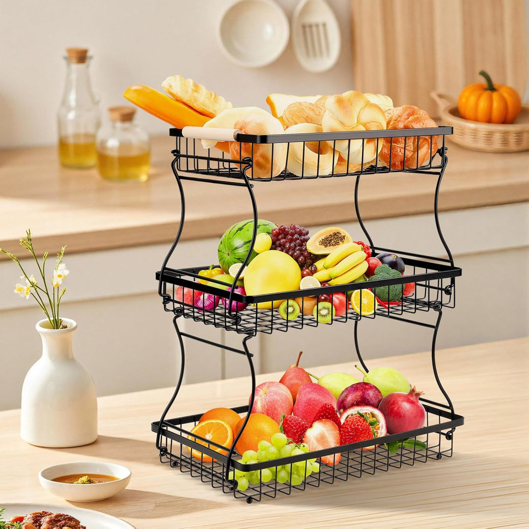 VINATO Obstschale, 3-stöckige Moderner Obstkorb mit Holzgriffen, für Küche, Bad & Mehr – Ideal für O