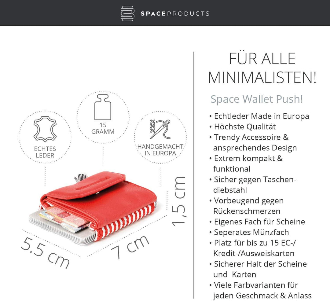 Space Products ® Mini Geldbörse rot-gestreift I Sehr kleines Echtleder Wallet/Portemonnaie mit Münzf