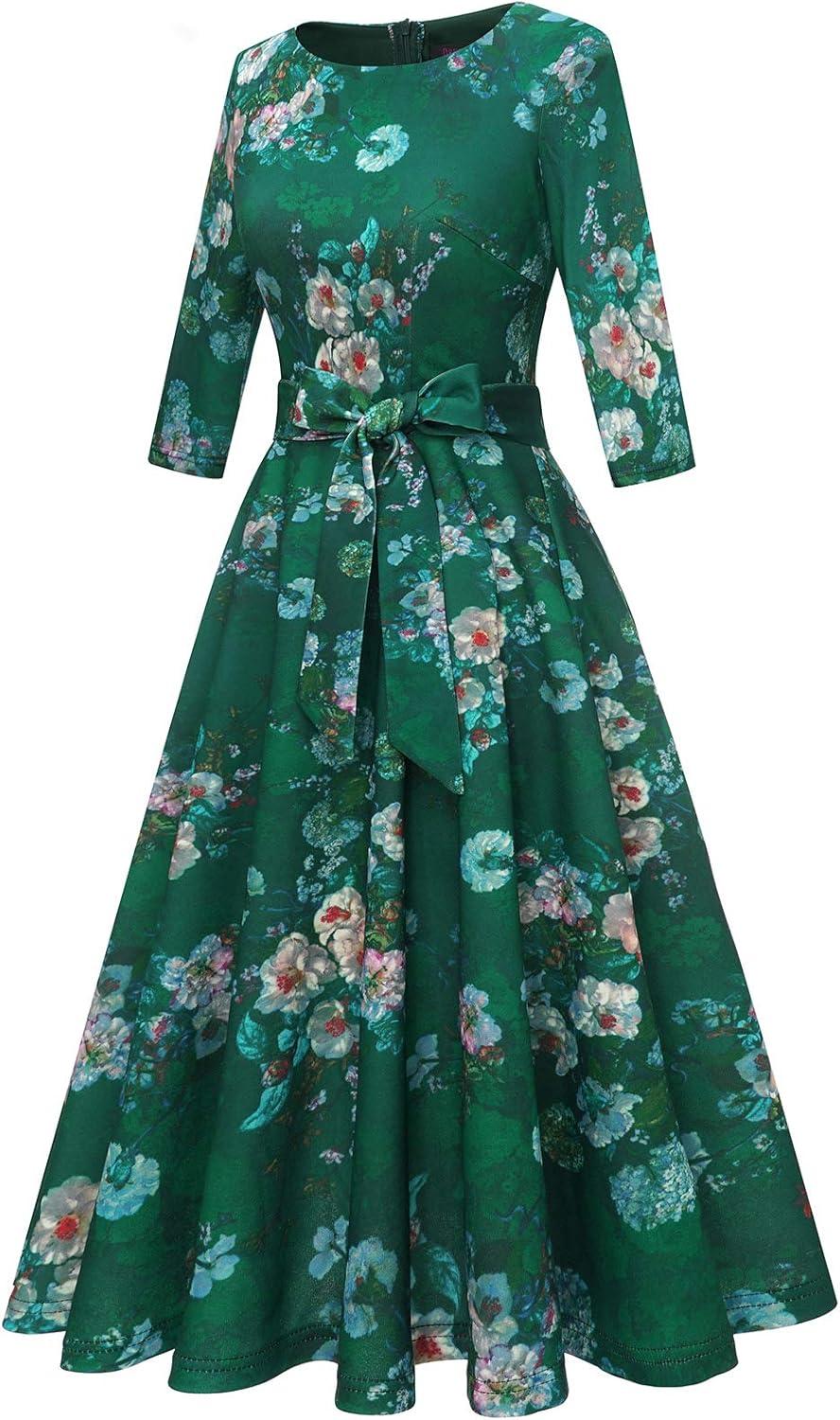 DRESSTELLS Damen Classic Cocktailkleid XXL 3/4-ärmel_grüne Blume, XXL 3/4-ärmel_grüne Blum