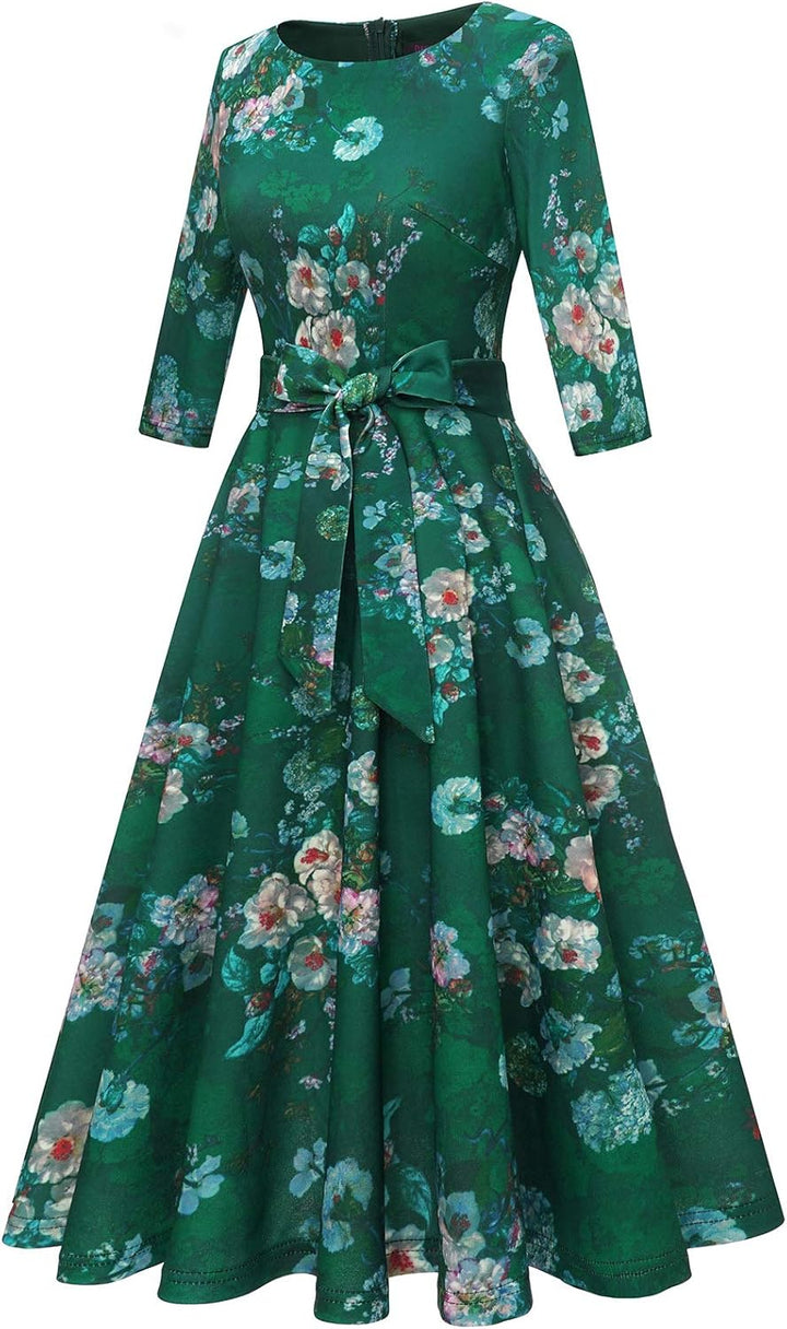 DRESSTELLS Damen Classic Cocktailkleid XXL 3/4-ärmel_grüne Blume, XXL 3/4-ärmel_grüne Blum
