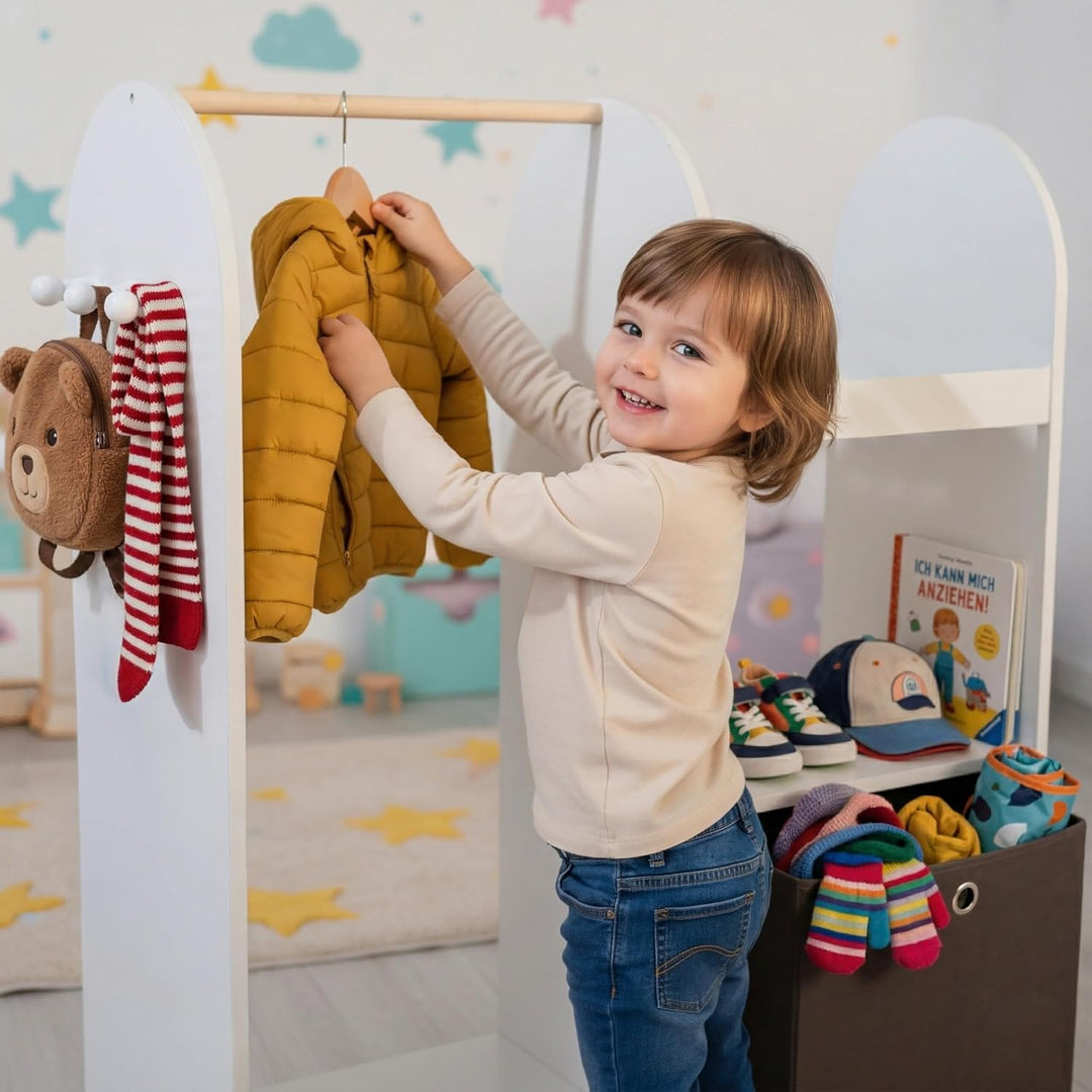 Relaxdays Kindergarderobe, 3 Haken, Kleiderstange & Aufbewahrungsbox, HxBxT: 108 x 97 x 35 cm, Kinde