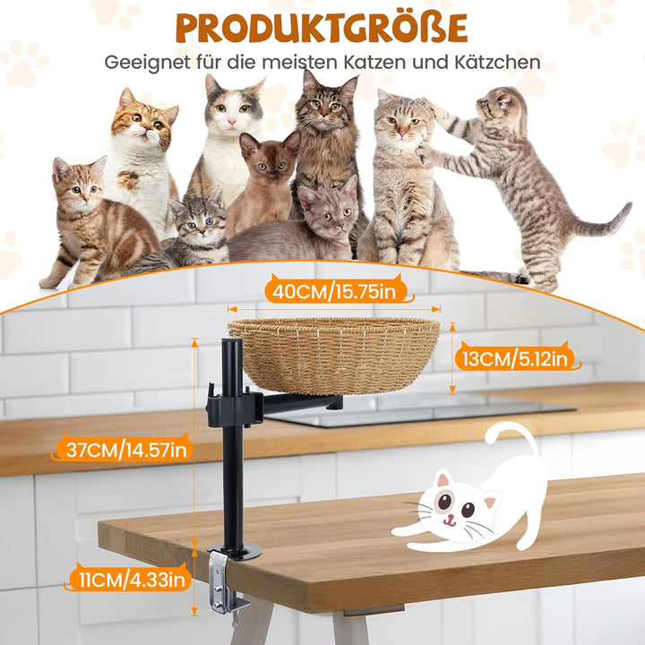 Katzenbett für Schreibtisch - 360° Drehfunktion & höhenverstellbar, Montage ohne Bohren, erweitert d