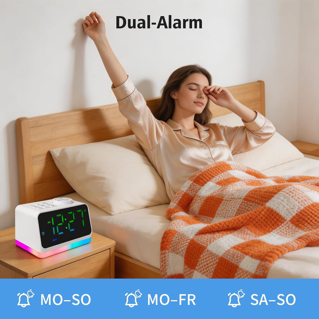 Digitaler Radiowecker für das Schlafzimmer – 8-farbiges Nachtlicht (0-100% dimmbar), Doppelalarm mit