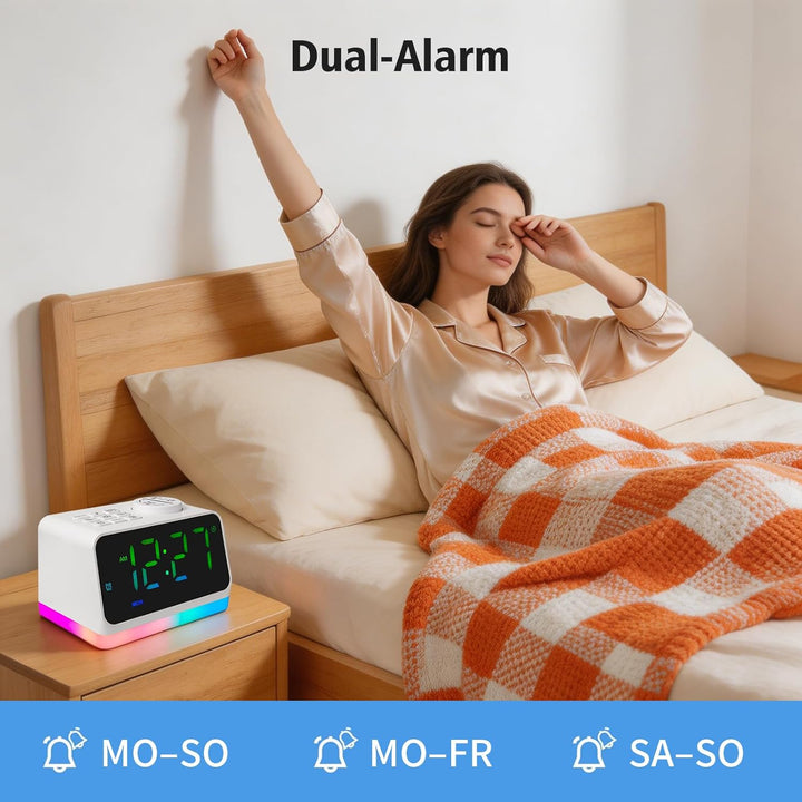 Digitaler Radiowecker für das Schlafzimmer – 8-farbiges Nachtlicht (0-100% dimmbar), Doppelalarm mit