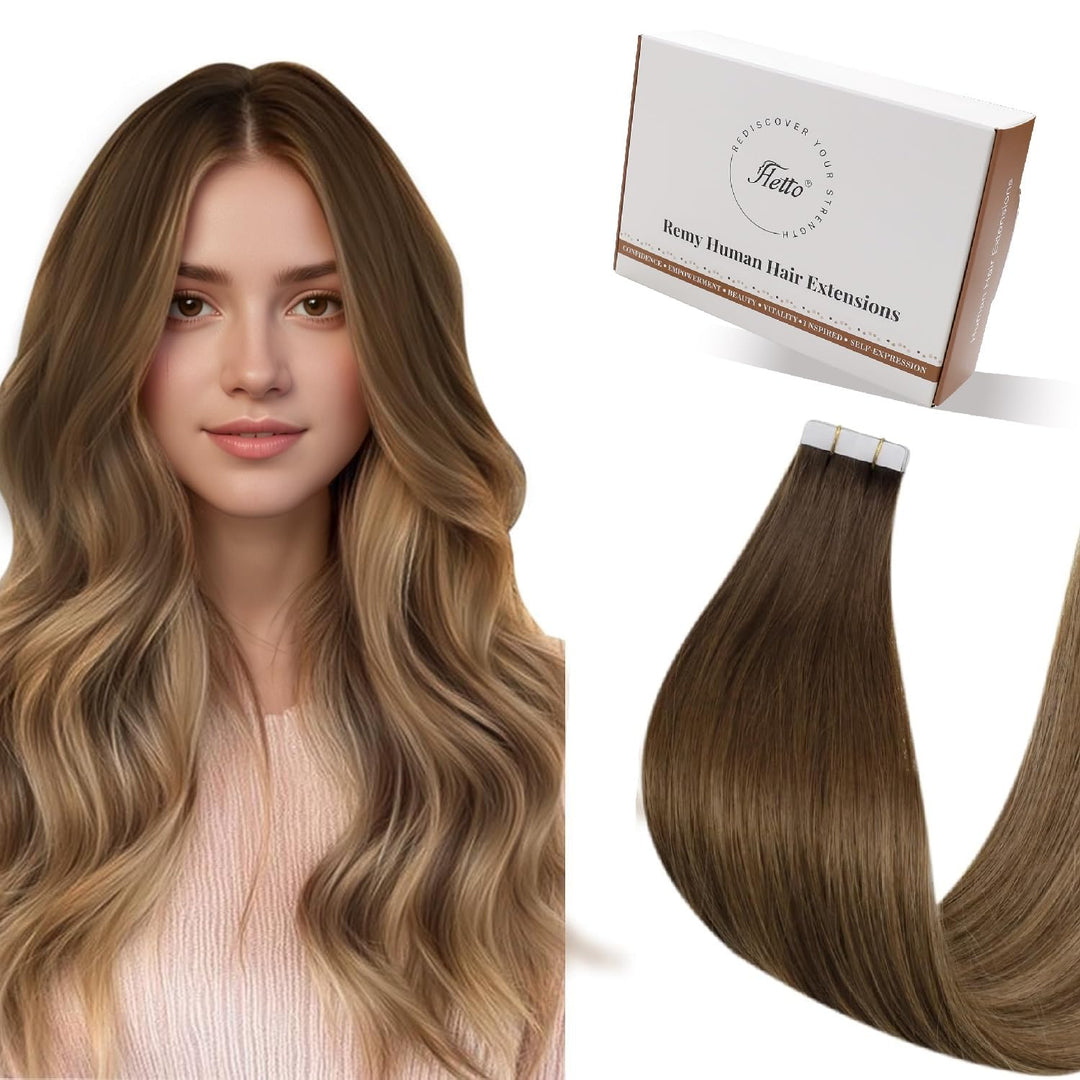 Hetto Tape Extensions Echthaar, Balayage Hellbraun mit Platinblond, 30cm | 20 Stucke 30g 100% Remy H