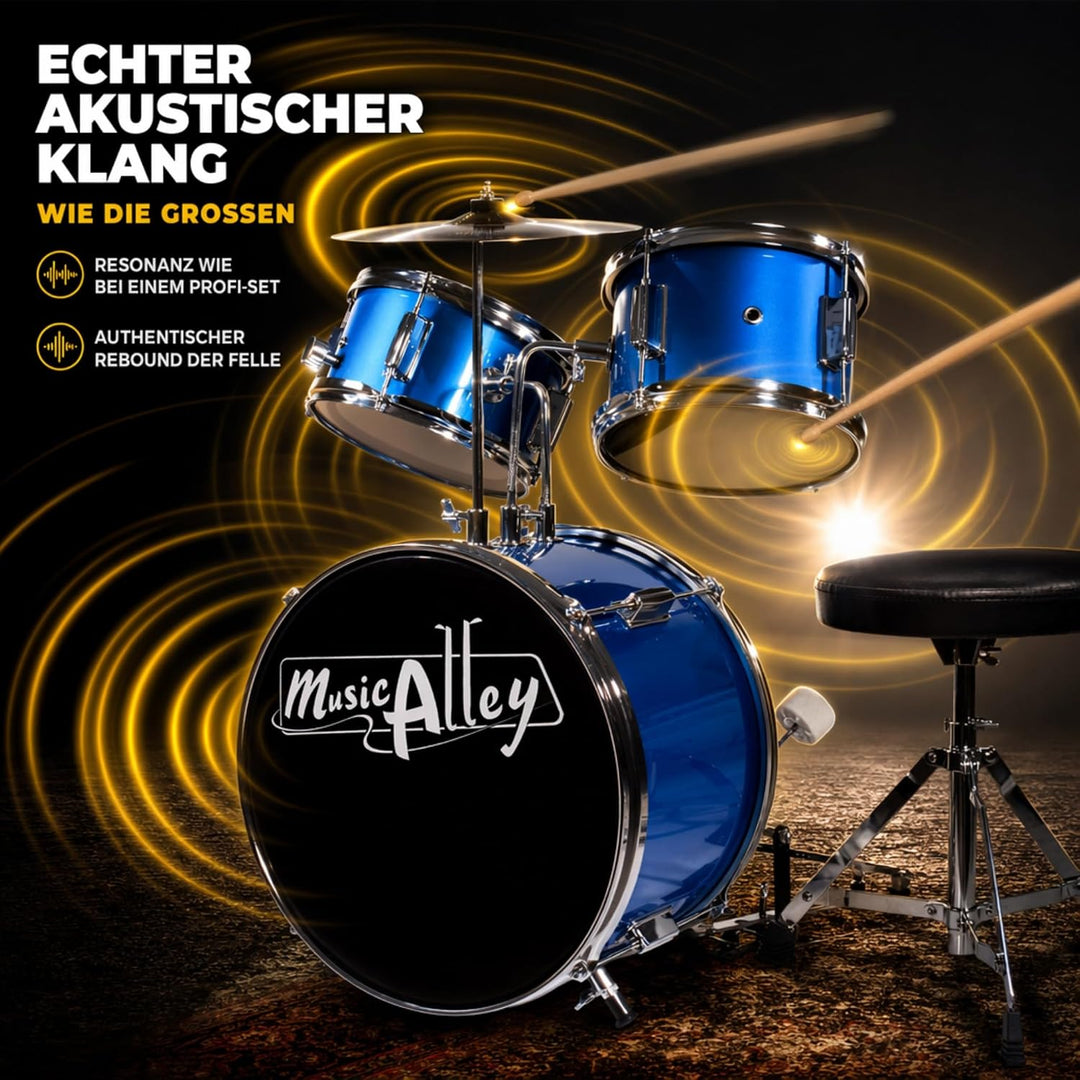Music Alley Junior Drum Kit for Kids with Kick Drum Pedal, Drum Stool &amp; Drum Sticks - Blue Blue Sing