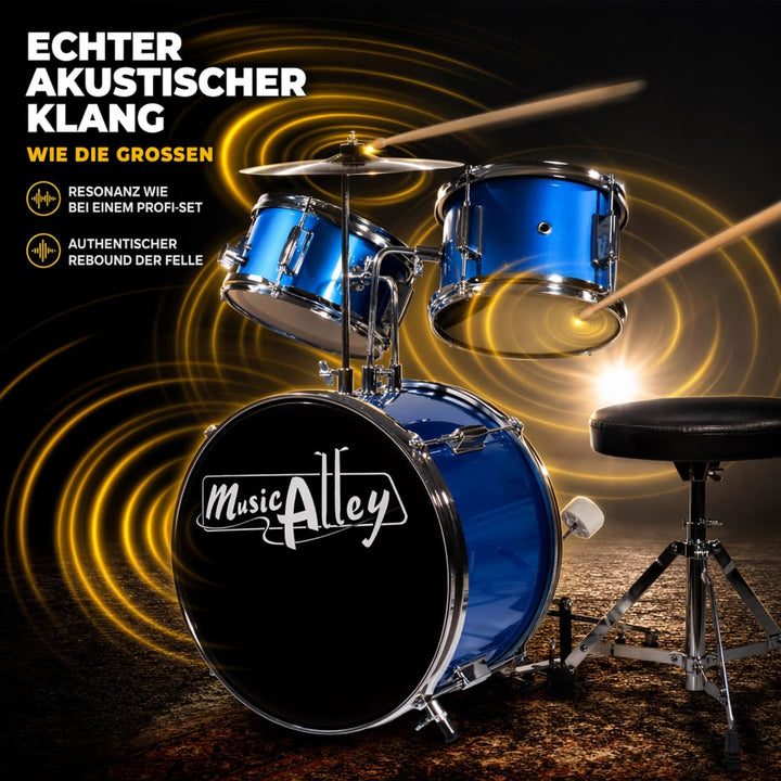 Music Alley Junior Drum Kit for Kids with Kick Drum Pedal, Drum Stool &amp; Drum Sticks - Blue Blue Sing